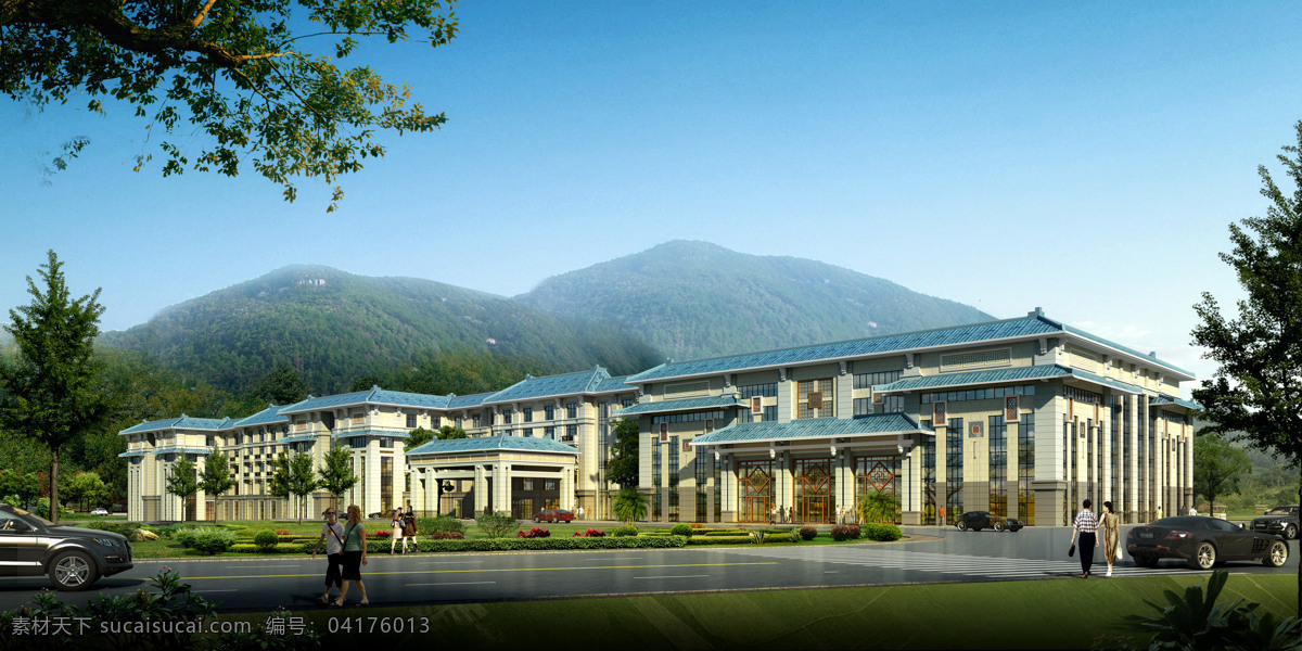 中式 酒店 入口 透视 效果图 建筑设计 环境设计