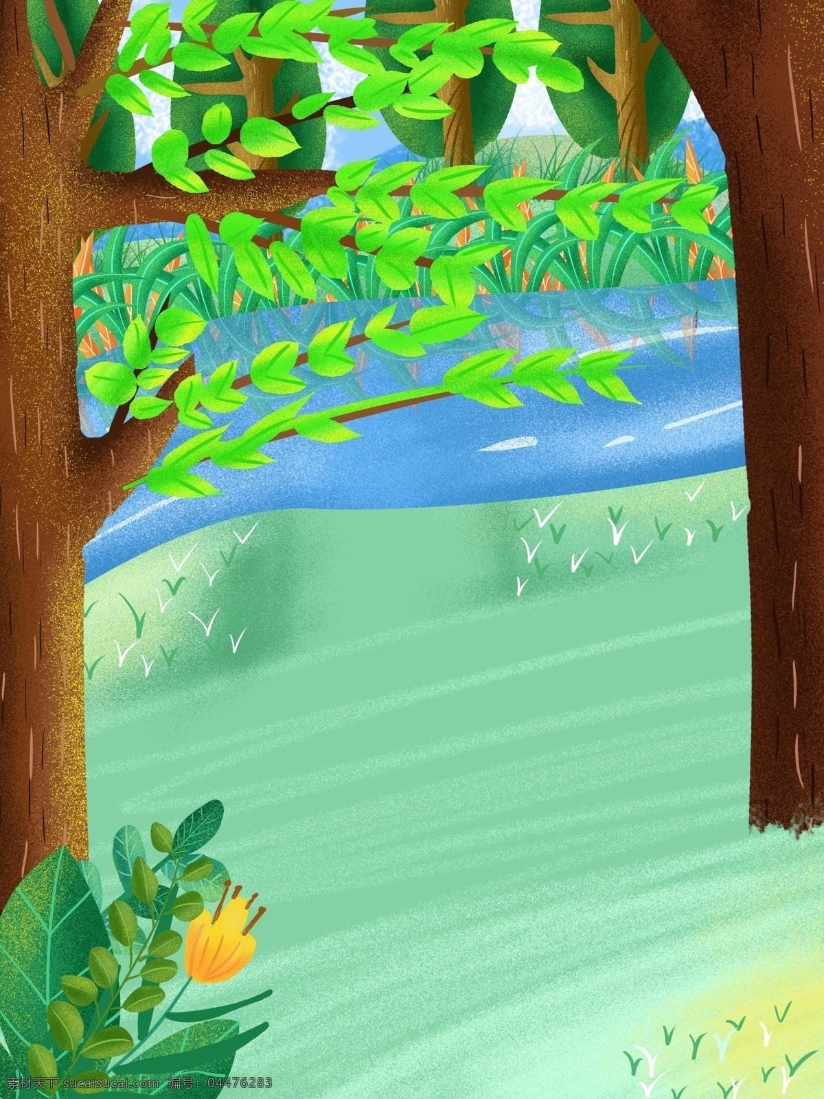绿色 清新 春季 树林 背景 色背景 治愈系背景 插画背景 植物背景 唯美 绿地背景 蓝天白云