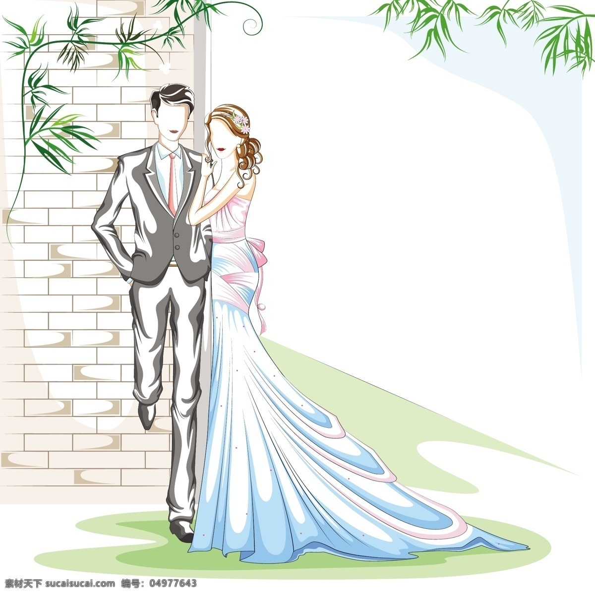 卡通 手绘 新人 情侣 插画 矢量 结婚插画 彩色绘画 时尚人物 浪漫 新婚 人物 手拉手 婚纱 婚礼 主题 白色