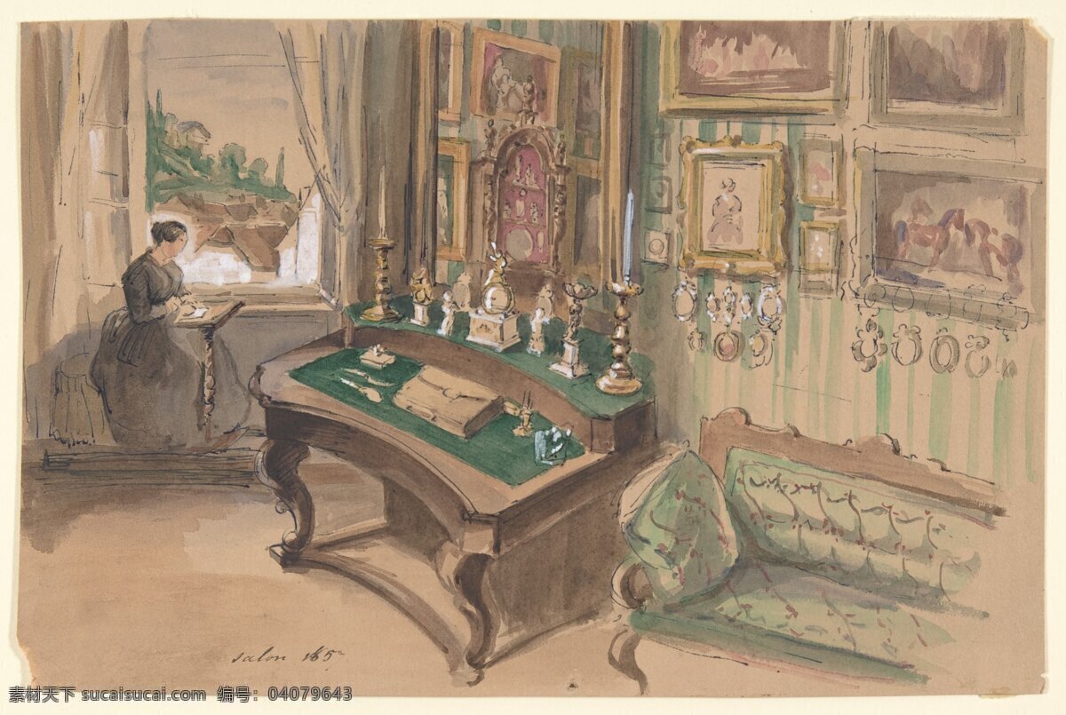 贵族之家 贵妇阅读 在窗口 油画 钟表 沙发 桌子 19世纪油画 绘画书法 文化艺术