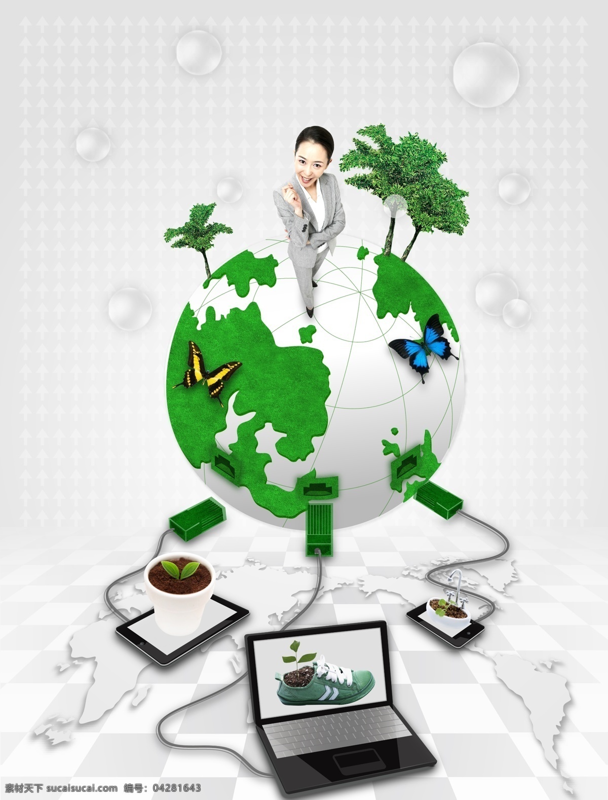 绿色 地球 职业女性 绿色环保 环境保护 环保 节能 绿色能源 生态保护 生态平衡 绿色地球 蝴蝶 电脑 盆栽 树木 广告设计模板 psd素材 白色