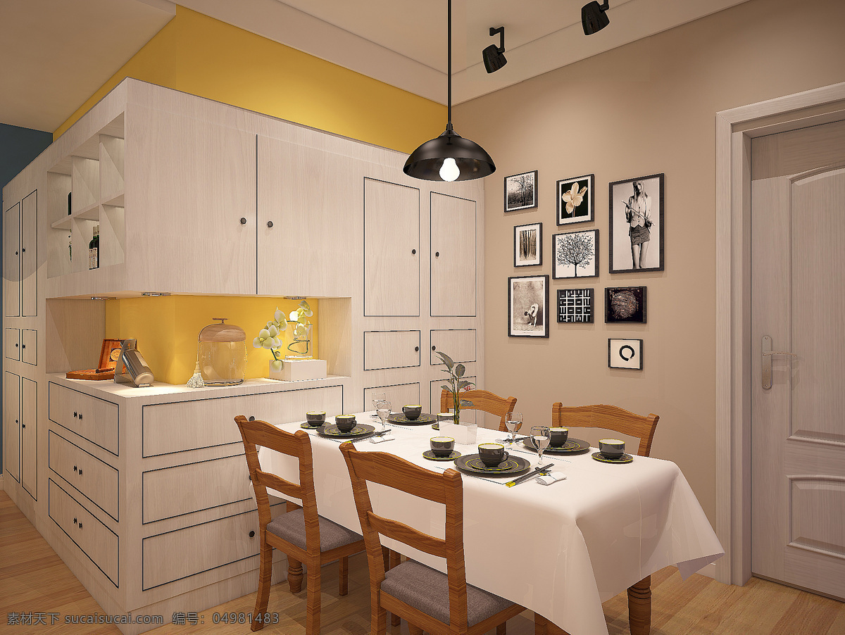 现代餐厅设计 现代 田园 模型 3dmax 家装 餐厅 玄关 柠檬黄 黄色 暖色 照片墙 时尚 个性 清新 棕色