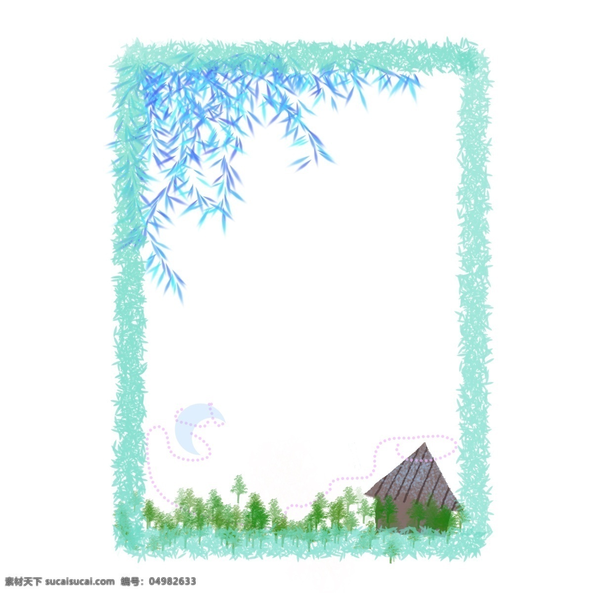 蓝色 植物 边框 元素 蓝色植物 装饰 卡通插画 草地 环境 建筑几何房屋 彩色 叶子 春季 季节 变化
