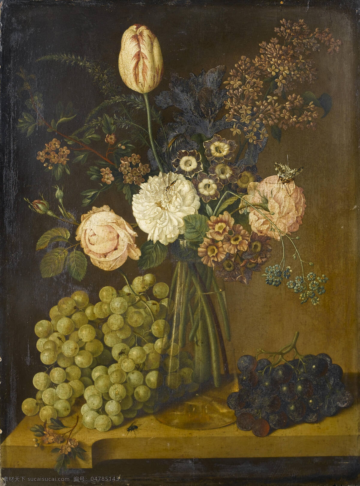 静物鲜花 葡萄 混搭鲜花 玻璃花瓶 苍蝇 古典油画 油画 绘画书法 文化艺术
