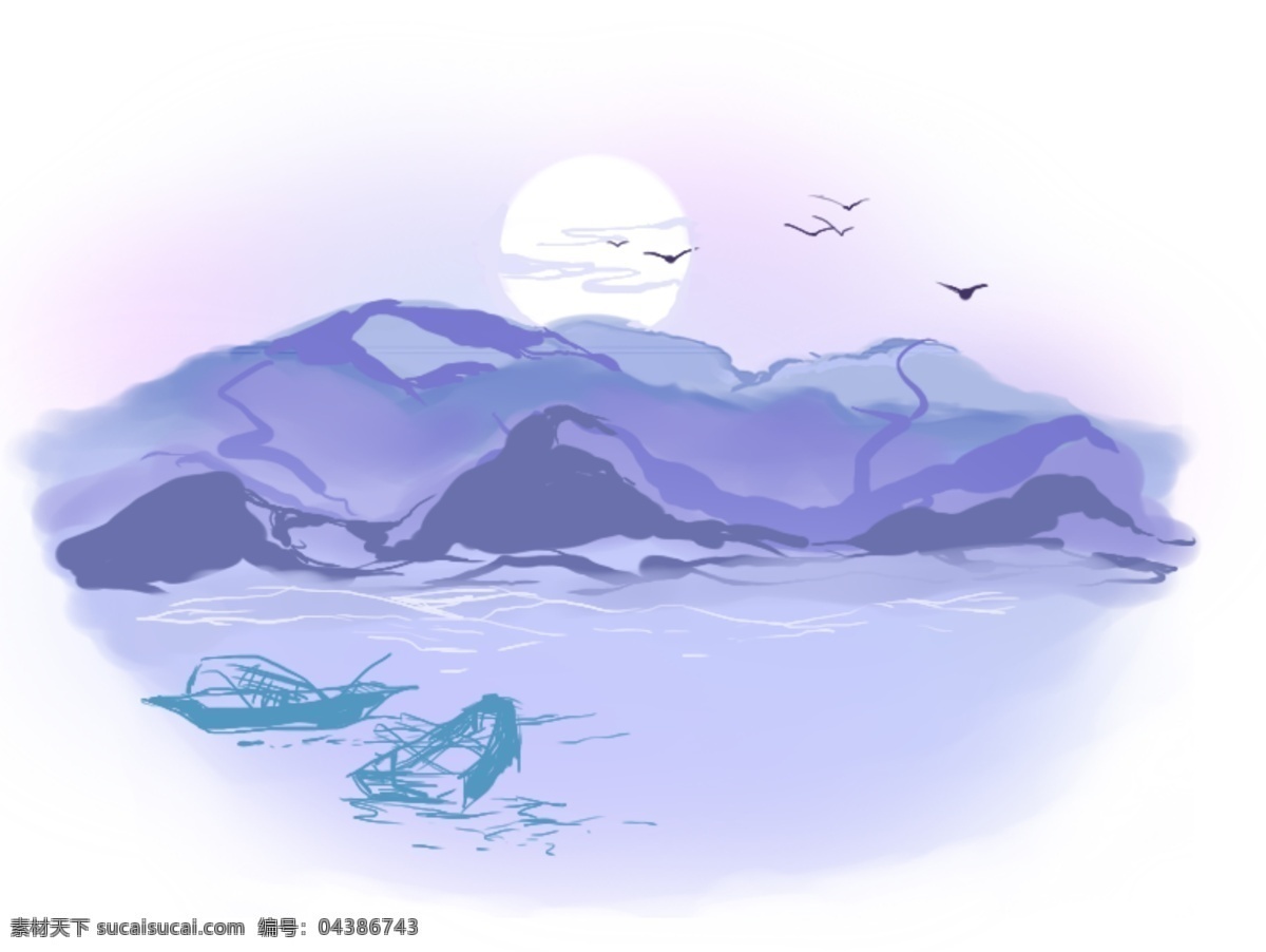 蓝紫色 月下 山水风景 原创 手绘 插图 月下山水 月夜 山水 插画 蓝色系 端午 泛舟 风景 海报 图
