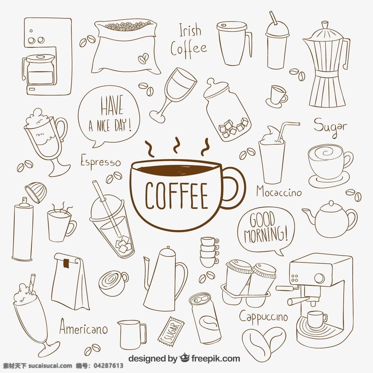 款 手绘 咖啡 元素 矢量 咖啡杯 咖啡豆 咖啡壶 咖啡机 卡布 奇诺 白色