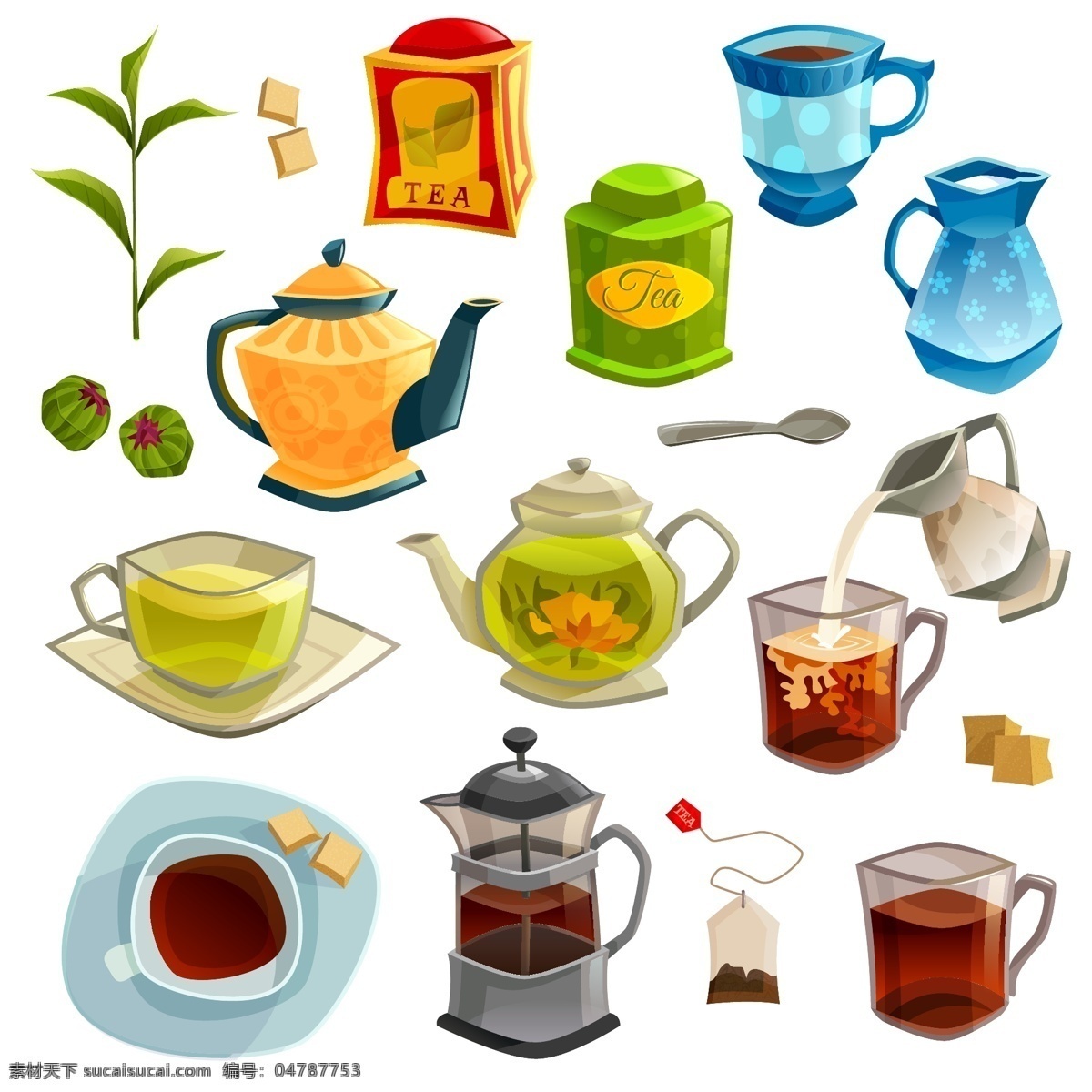 时尚 传统 茶具 元素 插画 茶叶 绿茶 杯子 茶道 咖啡 花茶 方糖