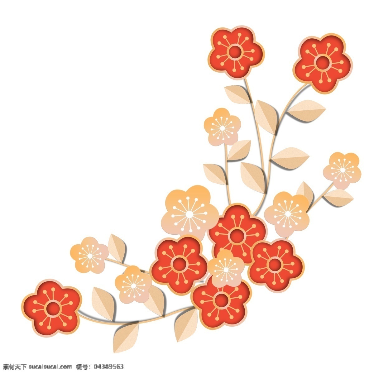 手绘 中国 风 新年 剪纸 立体 花卉 中国风 微立体 立体风 红色 桃花 装饰 喜庆 效果元素