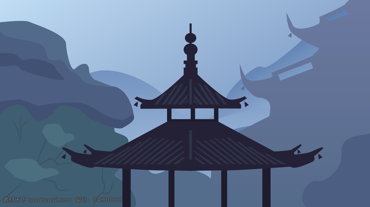 原创 中国 古风 建筑 寺庙 矢量 插画 渐变 蓝色 古风建筑