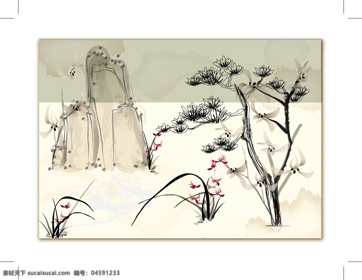 中国 传统 水墨画 兰花 山 矢量图 松树 其他矢量图