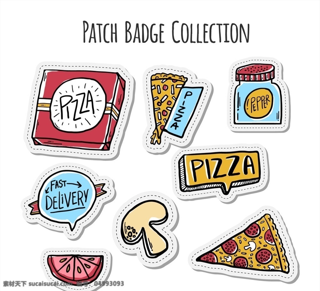 款 彩绘 快餐 食品 徽章 补丁 披萨盒子 三角披萨 蘑菇 西红柿 辣椒酱 食物 标志图标 其他图标