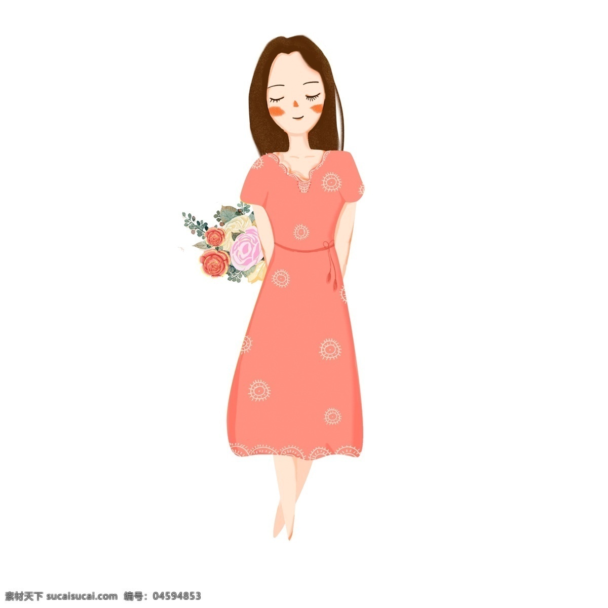 手持 玫瑰 幸福 女孩 元素 美女 裙子 花朵 节日 快乐 微笑 叶子 花束 玫瑰花