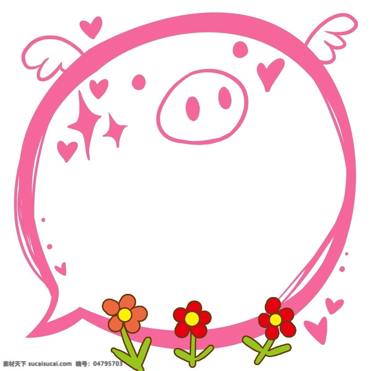 手绘 猪头 对话框 插画 猪头对话框 红色对话框 花朵 小花 小花对话框 对话框插画 红色桃心