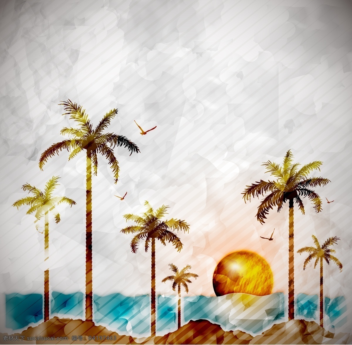 大海 椰树 风景 插画 日出 太阳 水彩绘