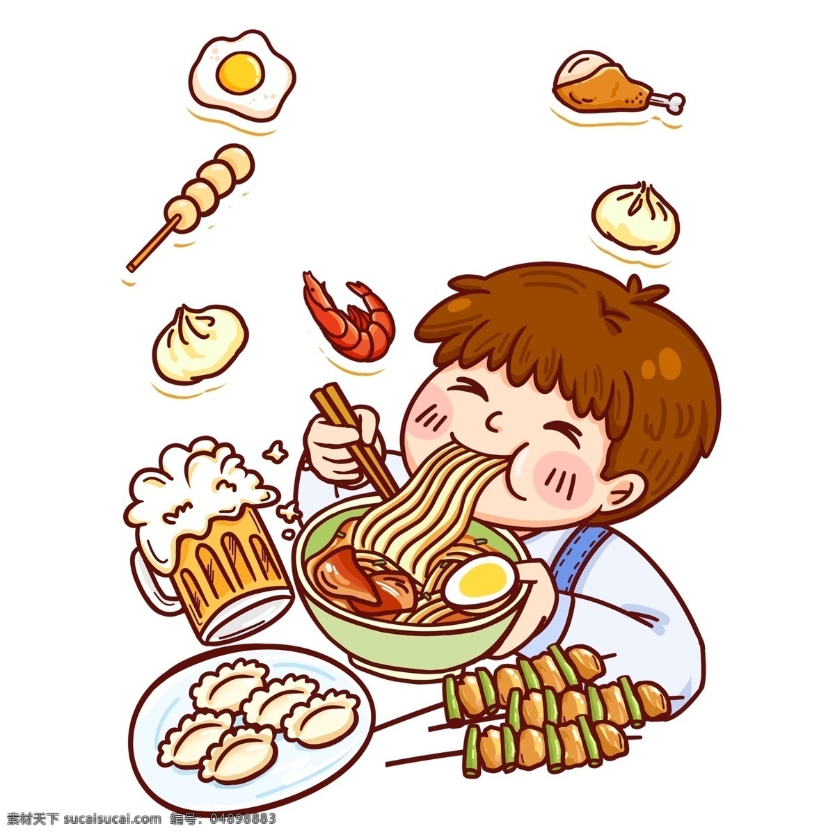 彩绘 吃货 节 吃 面的 男孩 人物 插画 漫画 317 吃货节 手绘 吃面 小男孩