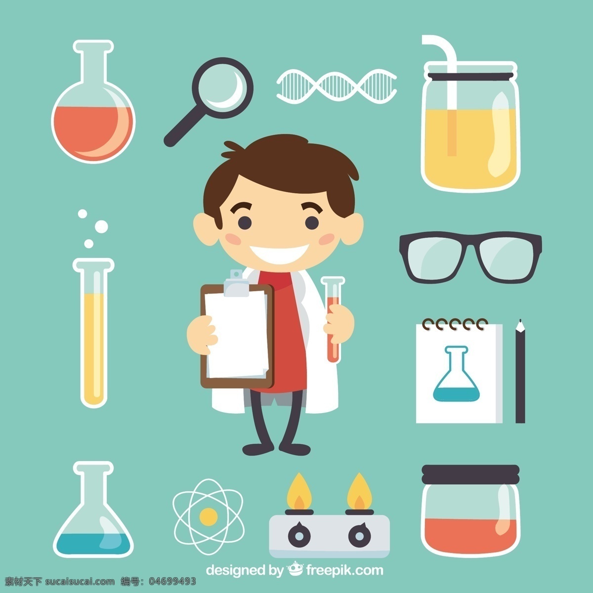 小 科学家 实验室 元素 孩子 卡通 眼镜 科学 dna 化学元素 化学 原子 分子 测试 放大镜 青色 天蓝色