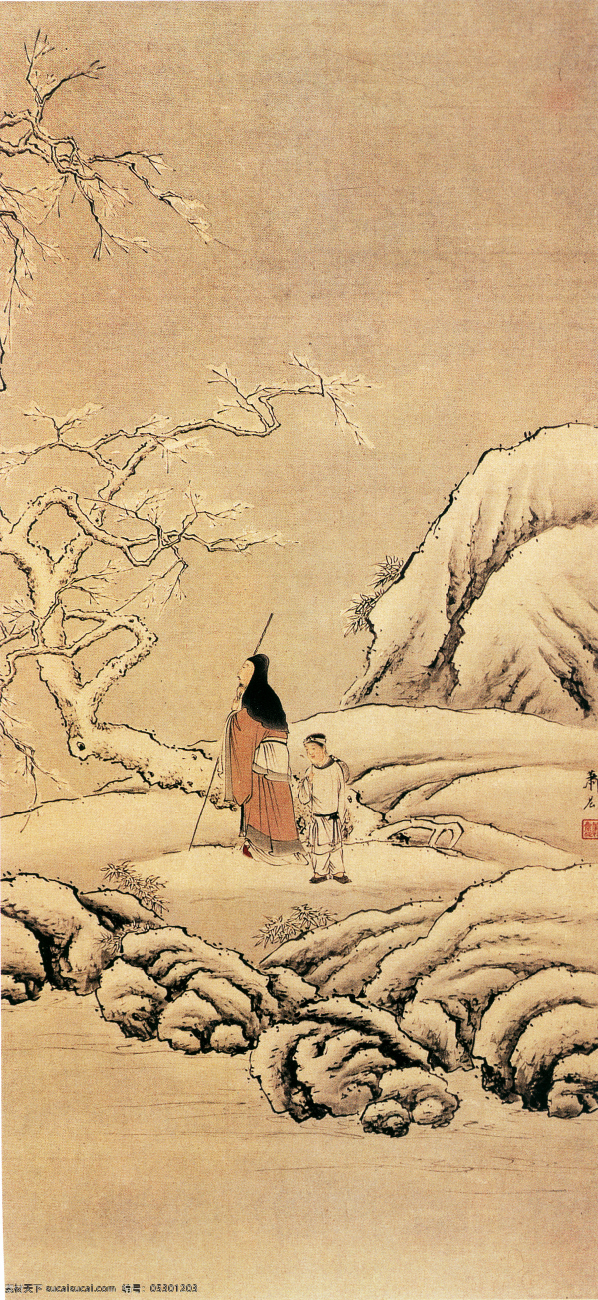 踏雪寻梅图 人物画 中国 古画 中国古画 设计素材 人物名画 古典藏画 书画美术 黄色