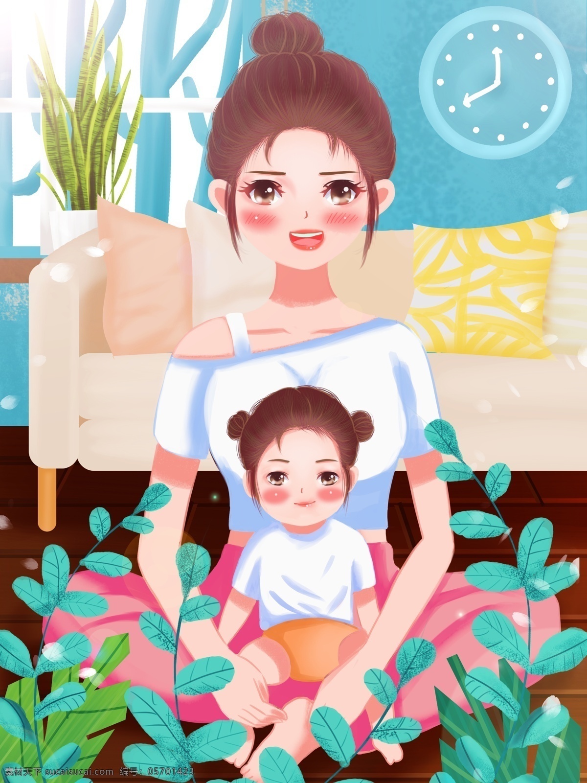 原创 手绘 插画 母亲节 清晨 妈妈 女孩 客厅 原创手绘插画 盆景 窗户 沙发 钟 叶子 阳光 母爱