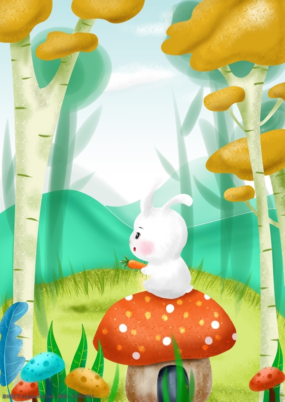 清新 森林 蘑菇 兔子 森林兔子 可爱 清新插画 生活方式