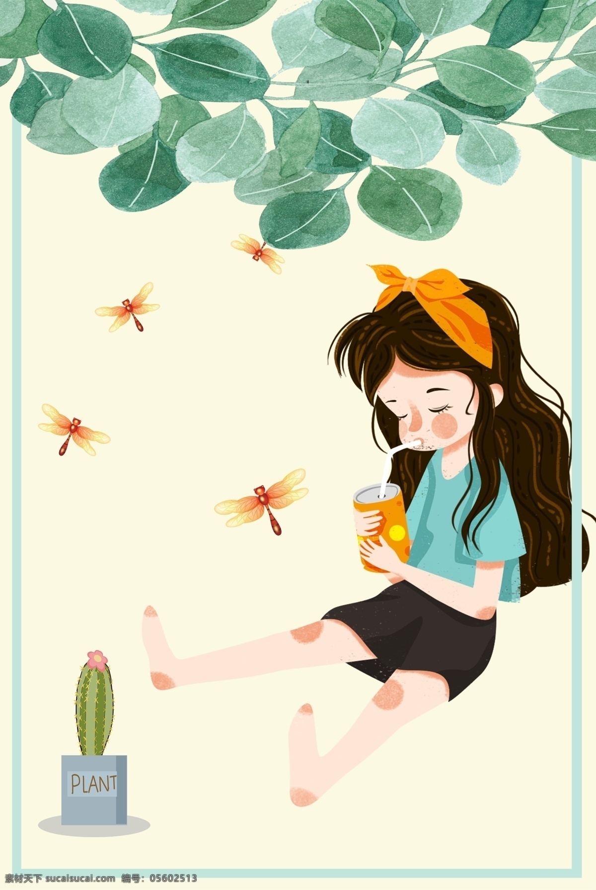 彩色 女孩 卡通 插画 背景 创意 装饰 叶子 环境 纹理