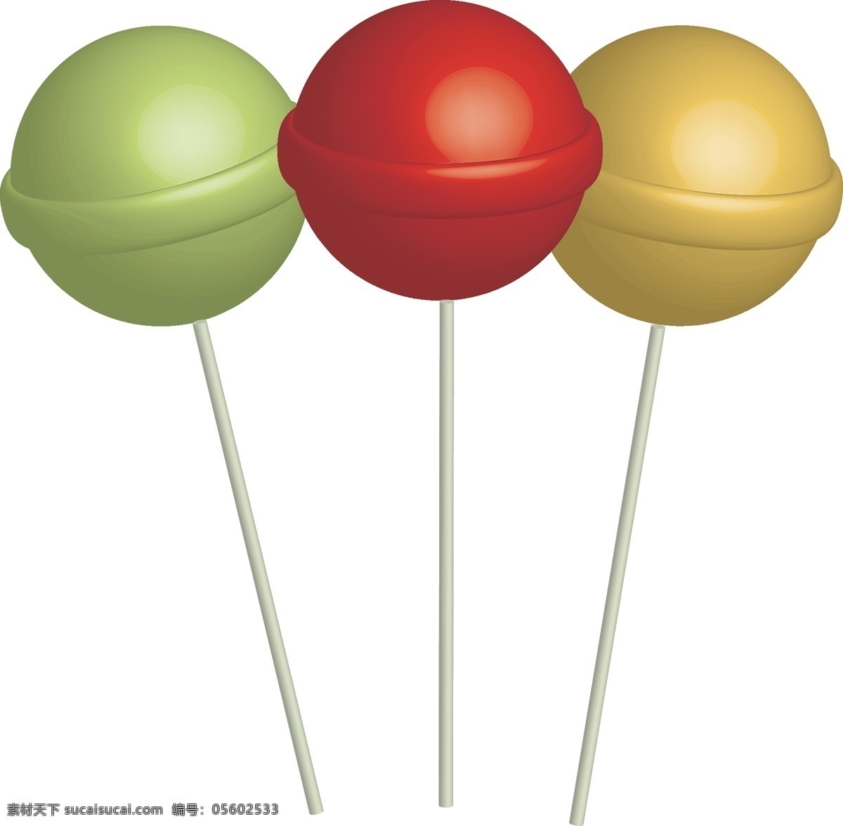 矢量 手绘 水果 棒棒糖 红色 黄色 绿色 糖果 糖块 甜食 食物 卡通 形状 圆形 免扣 三个