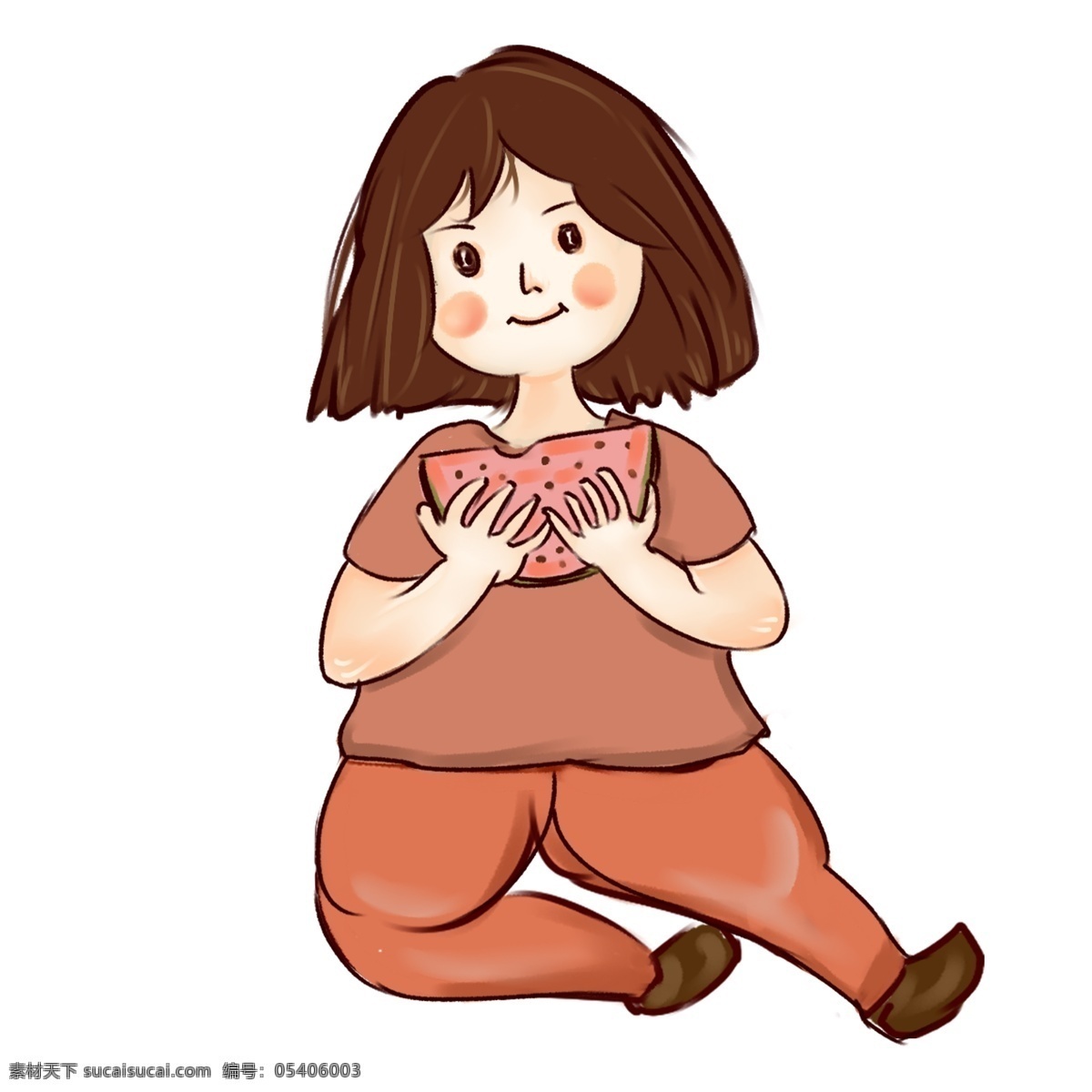 吃 西瓜 卡通 人物 女孩 彩色 水彩 小清新 创意 装饰 图案 手绘风