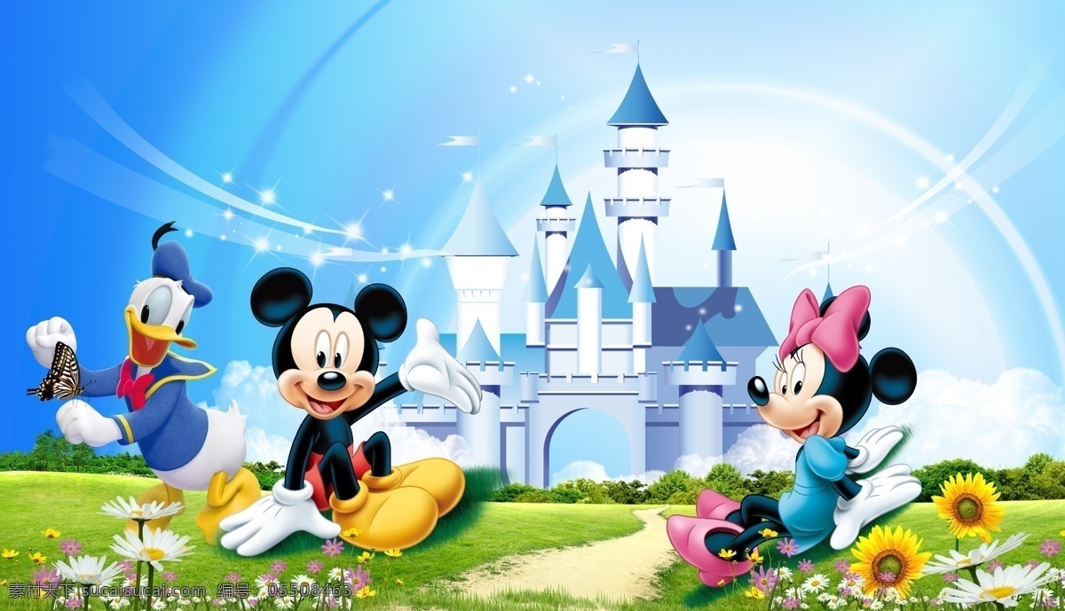 迪士尼 城堡 米老鼠 唐老鸭 草地 展板模板