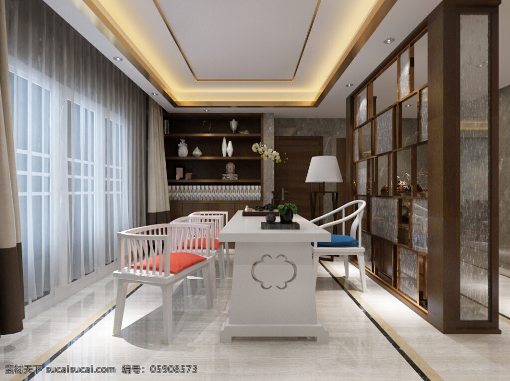 新 中式 茶 间 效果图 源文件 新中式 茶间效果图 源文件下载 新中式天花 新中式隔断 新中式茶桌 新中式酒柜