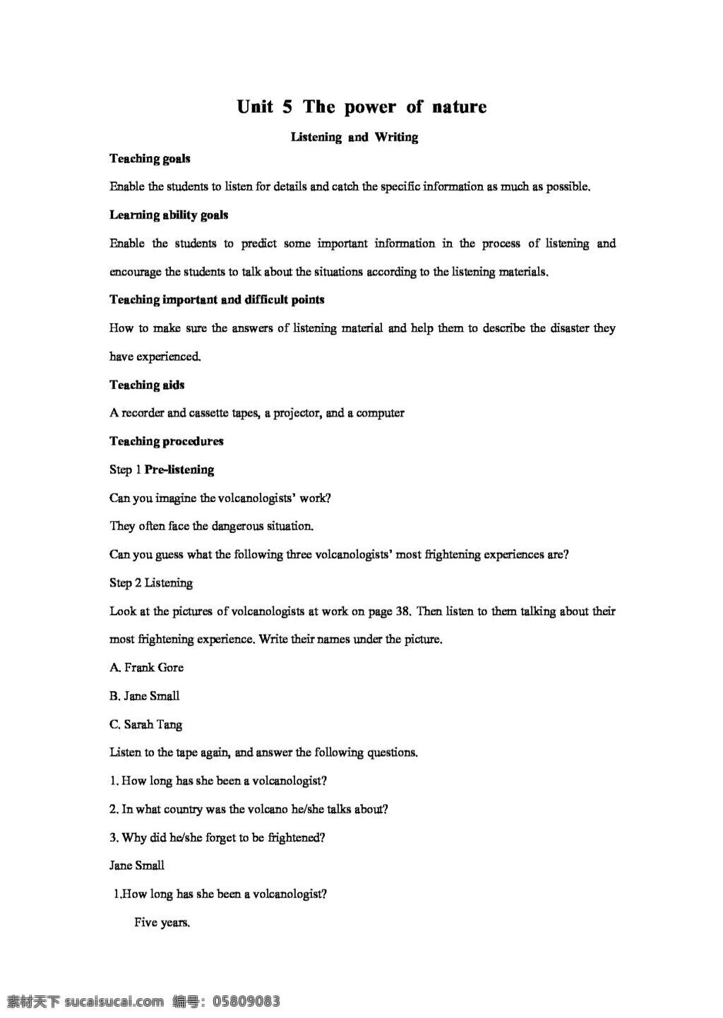 英语 人教 版 unit the power of nature listening and writing 教案教选修6 教案 人教版