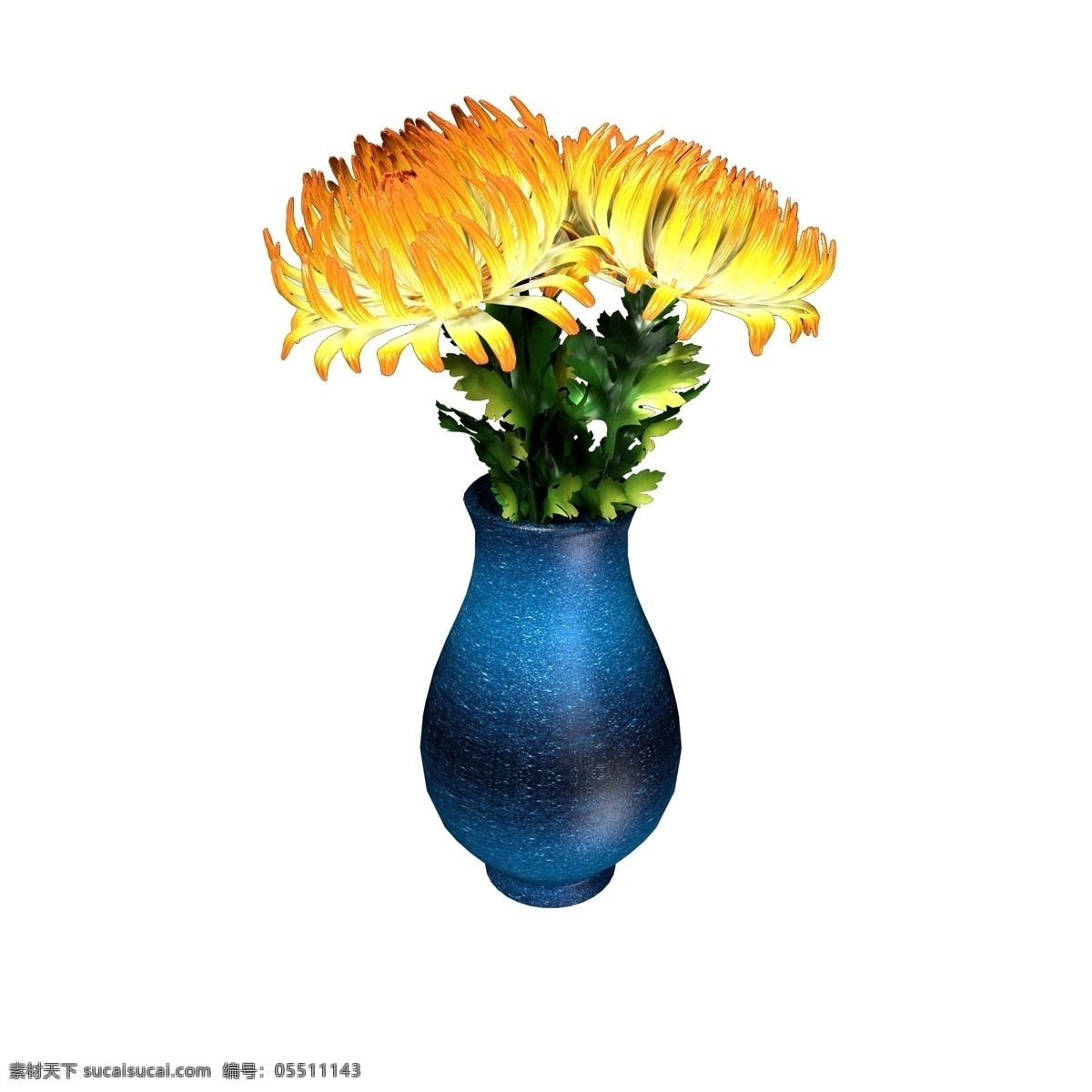 植物类 通用 元素 花瓶 插花 菊花 黄色 波斯菊 植物 写实 立体 蓝色 渐变 陶瓷