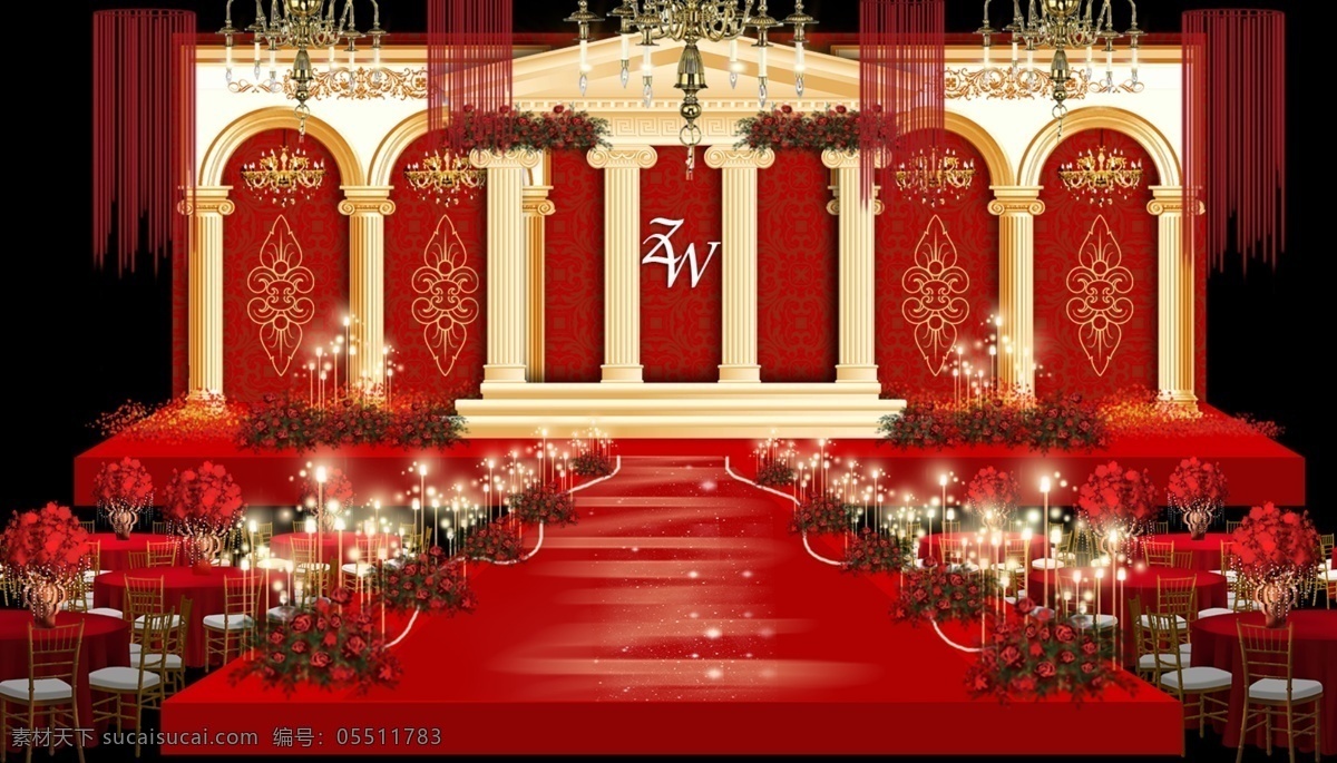 红 金色 欧式 婚礼 效果图 欧式婚礼 宫廷 罗马 水晶灯 红金色婚礼 婚礼布置图 主舞台 舞台 设计图 欧式拱门 红金 金色拱门