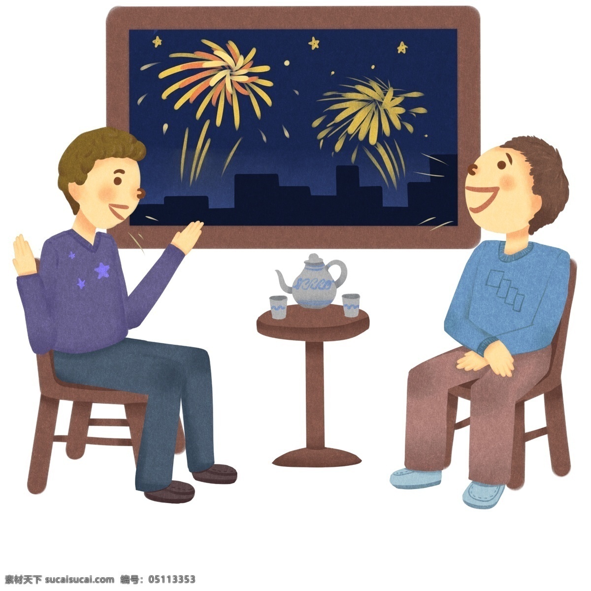 跨 年夜 两个 交谈 男孩 蓝色 紫色 小清新 插画 可爱 高声谈话 一个 兴奋 开心 捂 肚子 放声 大笑 窗外 烟花 传递 人们 庆祝 新年 欢喜 心情 狂欢