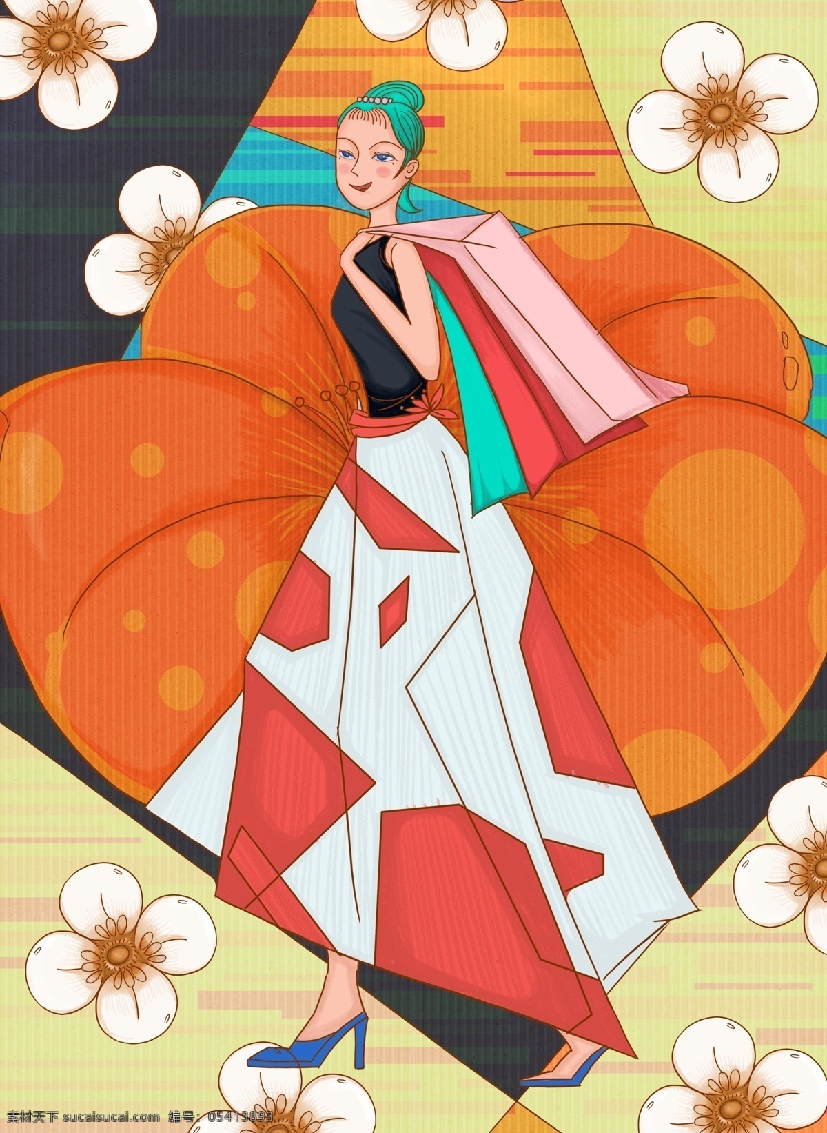 复古 风 天猫 购物 节 女性 插画 女生节 女王节 女神节 天猫购物节日 购物女性 纹理风 复古风 花朵 几何纹理 电商插画 海报插画 banner 配 图 广告插画 朋友圈配图 公众号配图