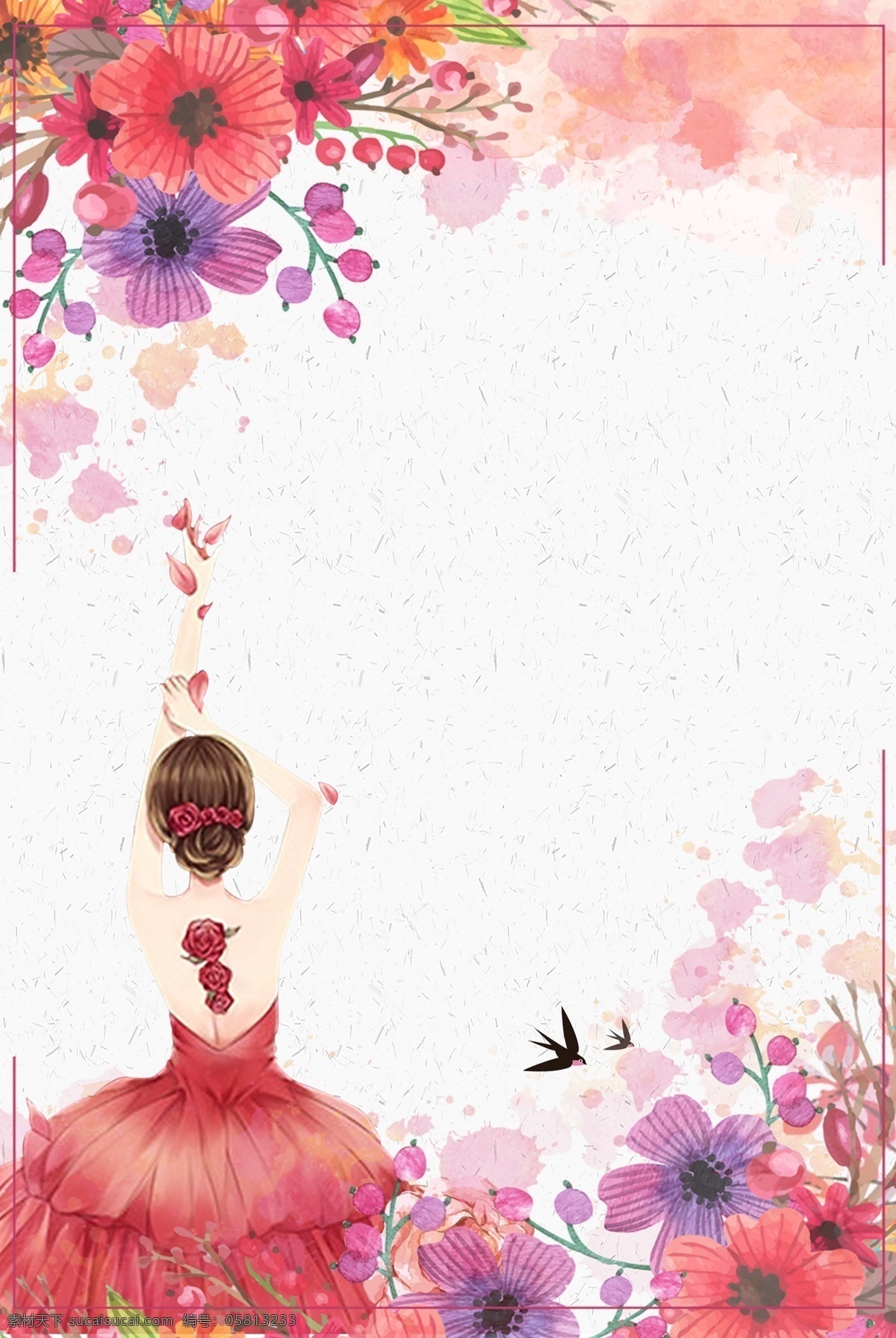 红色 温馨 38 节 女神 海报 背景 38节 女神节 花瓣 文艺 清新 手绘 质感 纹理