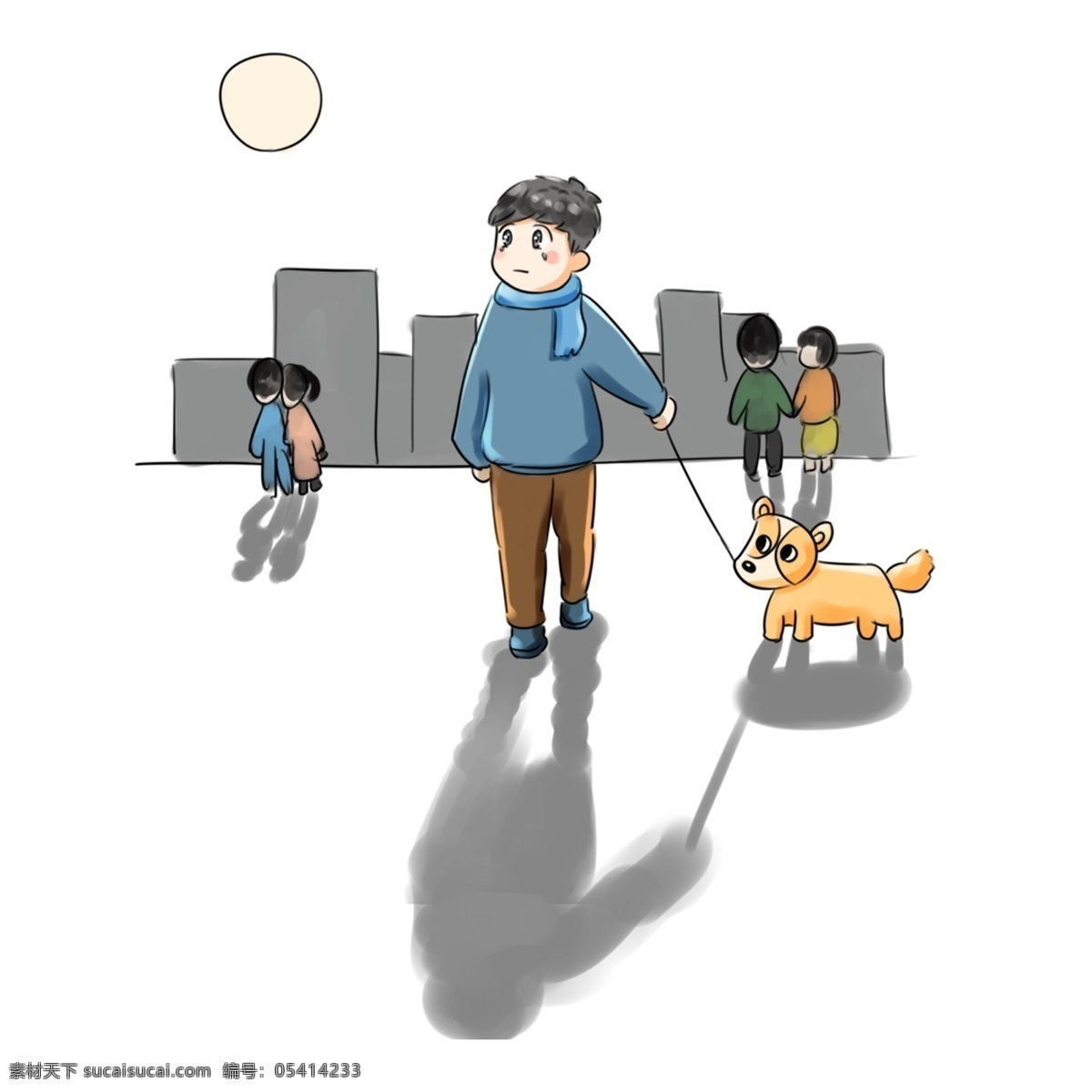 双 光棍 节 系列 卡通 手绘 q 版 遛 狗 乐于助人 善良的人 手绘卡通 光棍节 单身狗 他人 关爱 单身 帮助 一个人 遛狗