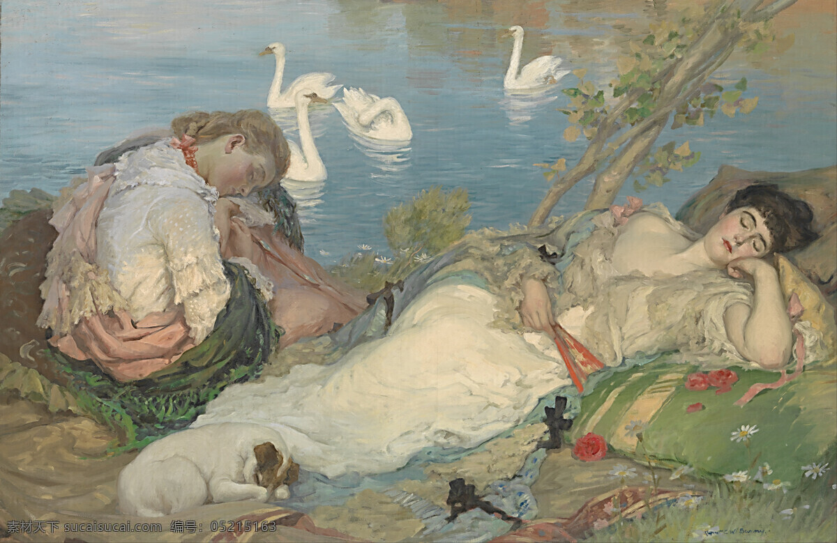 天鹅湖畔 鲁 伯特 邦尼 作品 湖边 岸上 两个女人 正在睡觉 春夏交替时期 19世纪油画 油画 绘画书法 文化艺术
