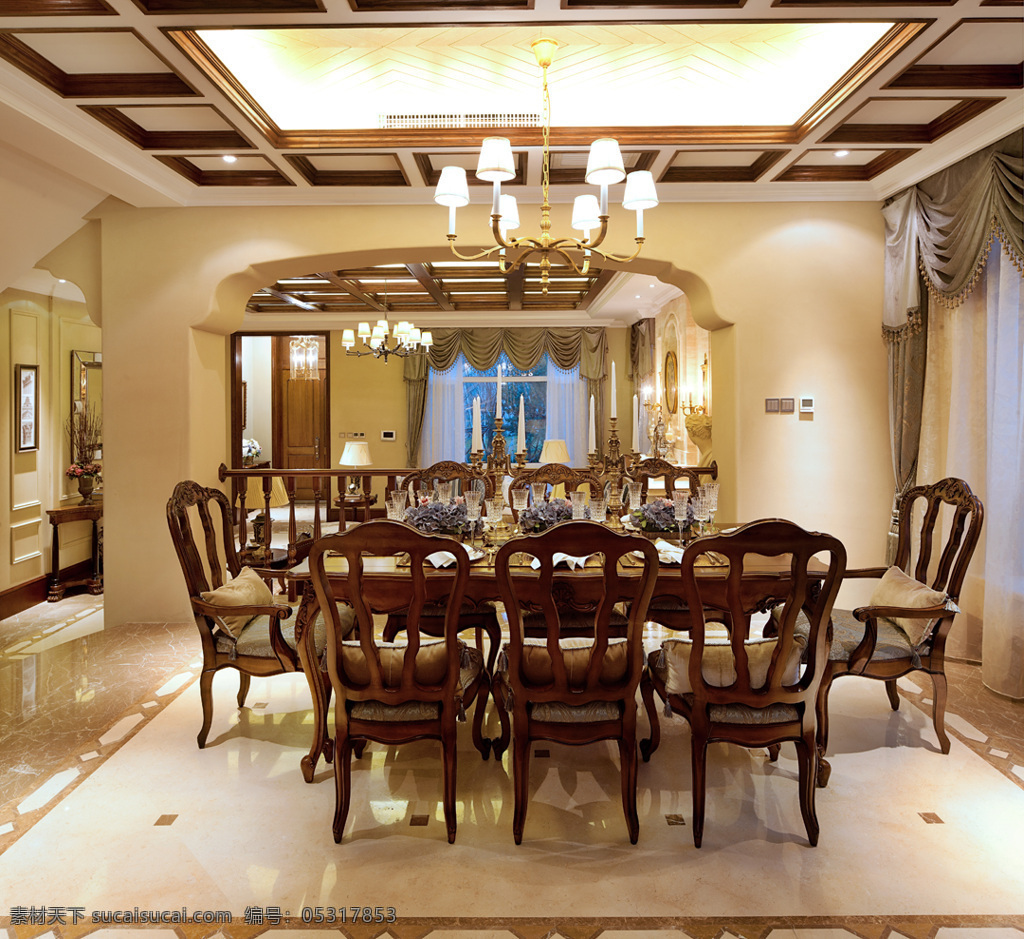 中式 轻 奢 客厅 木制 餐桌 室内装修 效果图 客厅装修 瓷砖地板 木制餐桌 白色吊灯