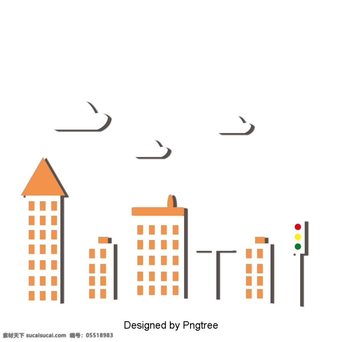 美丽 卡通 可爱 平展 手绘 城市 建筑 环保 平手 绘 白云 交通灯