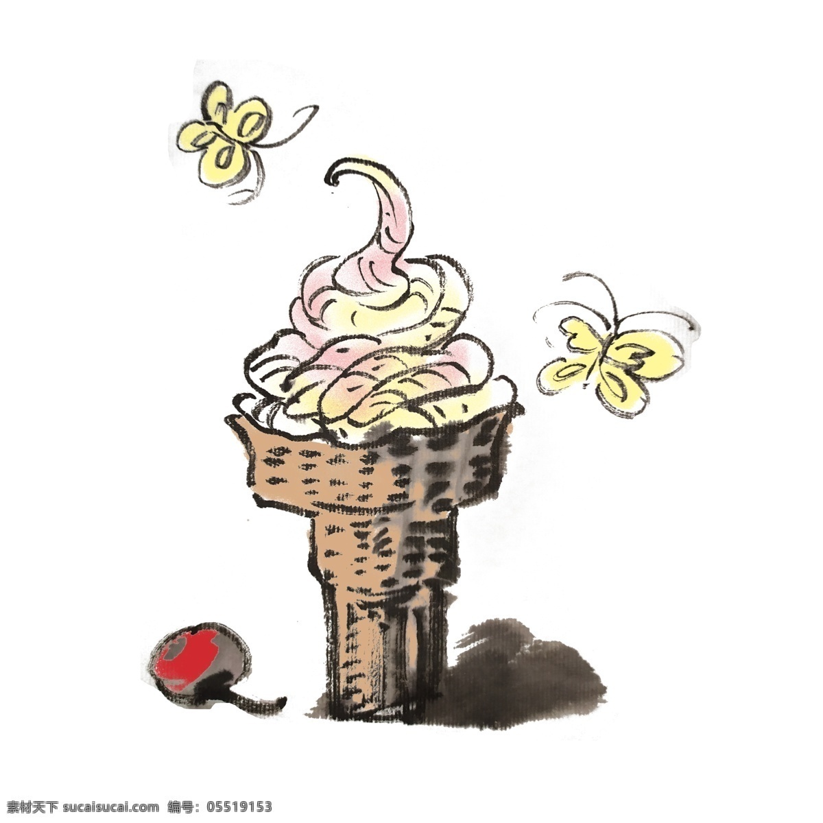 可爱 冰淇淋 手绘 插画 清凉一夏 奶油 甜品 粉丝 夏季 夏天 中国风 古风 水墨风 墨迹 彩色