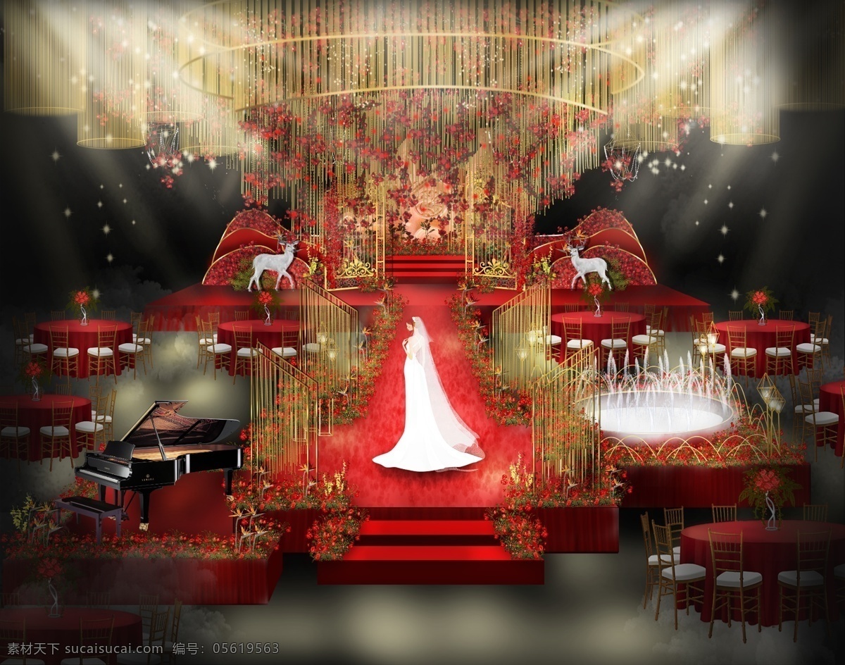 欧式 大红 金色 婚礼 效果图 欧式大红婚礼 红金色婚礼 喷泉婚礼 现代简欧婚礼 红