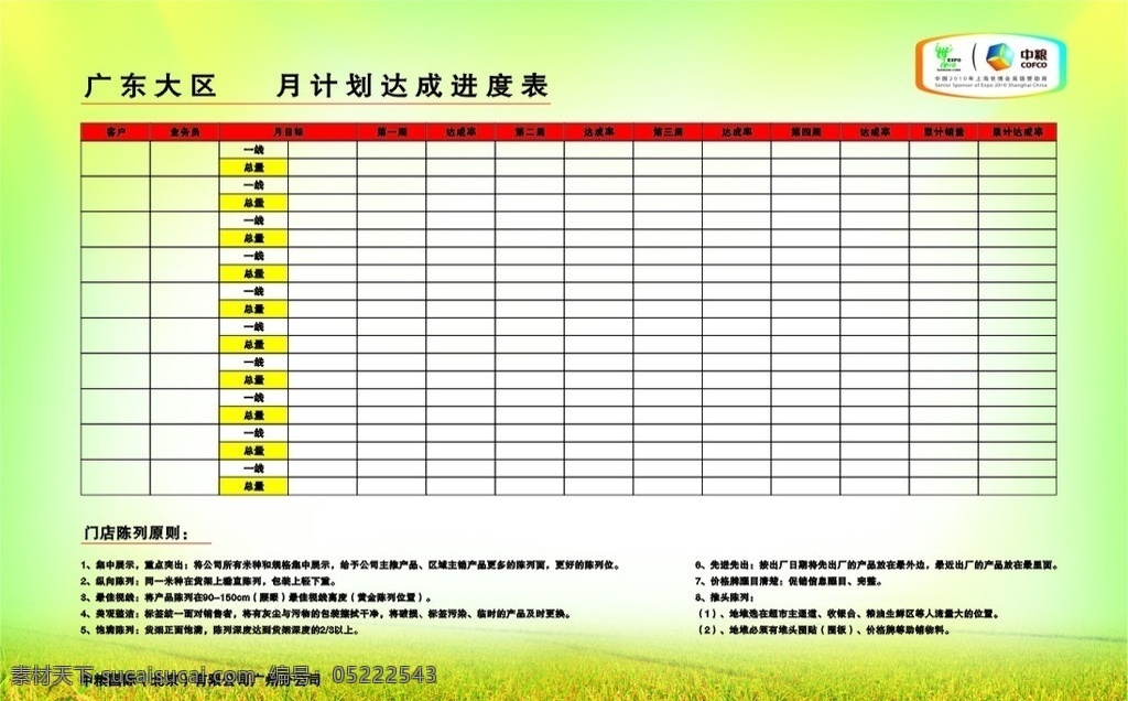 销售进度表 中粮 世博 表格 米 绿色 其他设计 矢量