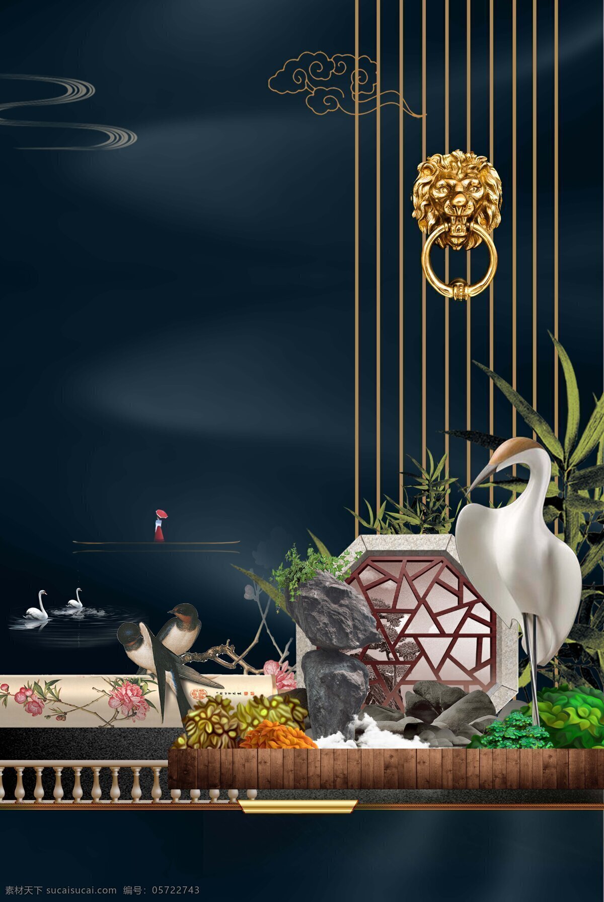 中国 风 家居装饰 背景 中国风 星空 线条 仙鹤 喜鹊 家居 海报 广告