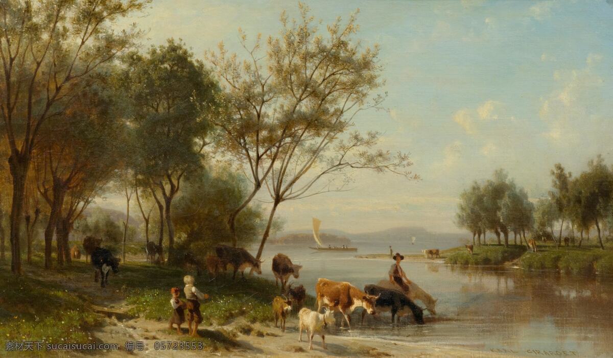 放牧 树林 小河 家禽 饮水 小孩们 玩耍 19世纪油画 油画 文化艺术 绘画书法