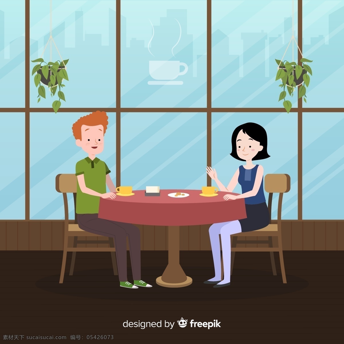 咖啡厅 约会 男女 餐饮 盆栽 餐桌 餐椅 楼房 窗户 矢量 高清图片