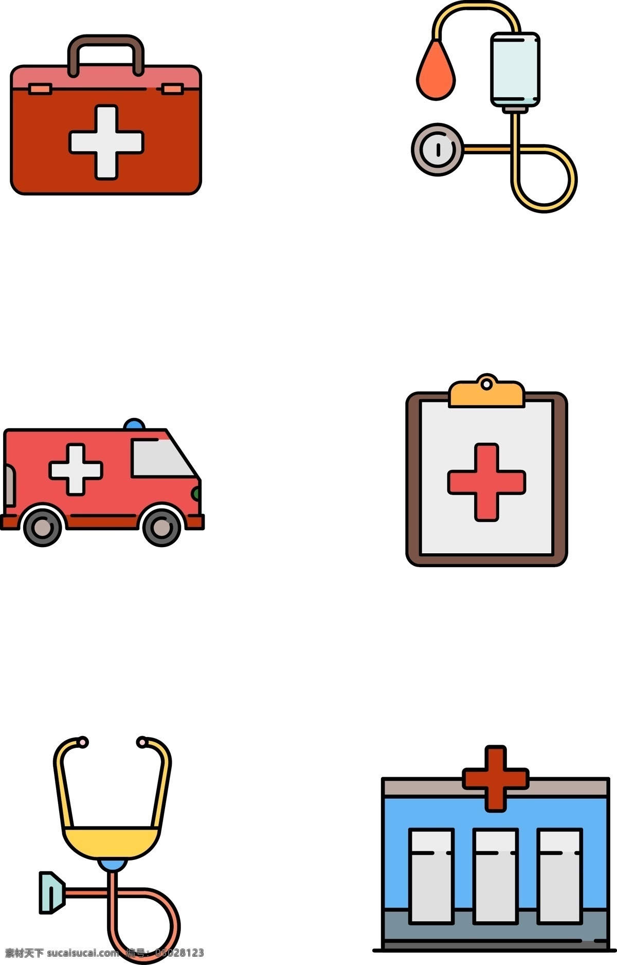 医院 医疗 相关 插画 图标 扁平化 拟物 医生 医学 急救箱 吊针 救护车 听诊器 有趣的 可爱的