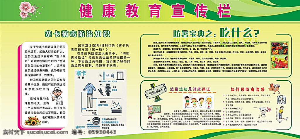 健康教育 宣传栏 专栏 寨卡 防暑 运动 禽流感 绿色 花 医生 展板 展板模板 白色