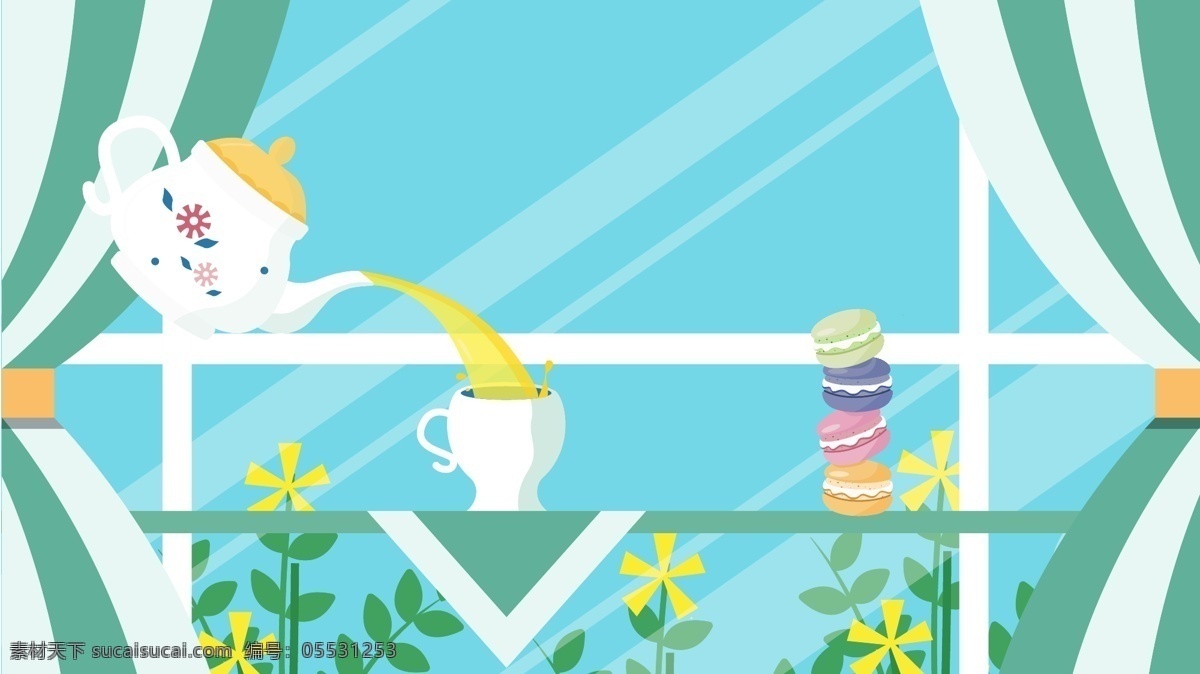 原创 下午 茶 马卡 龙 矢量 插画 甜品 窗户 窗帘 食物 美食 下午茶 马卡龙 窗外 一个人 喝茶