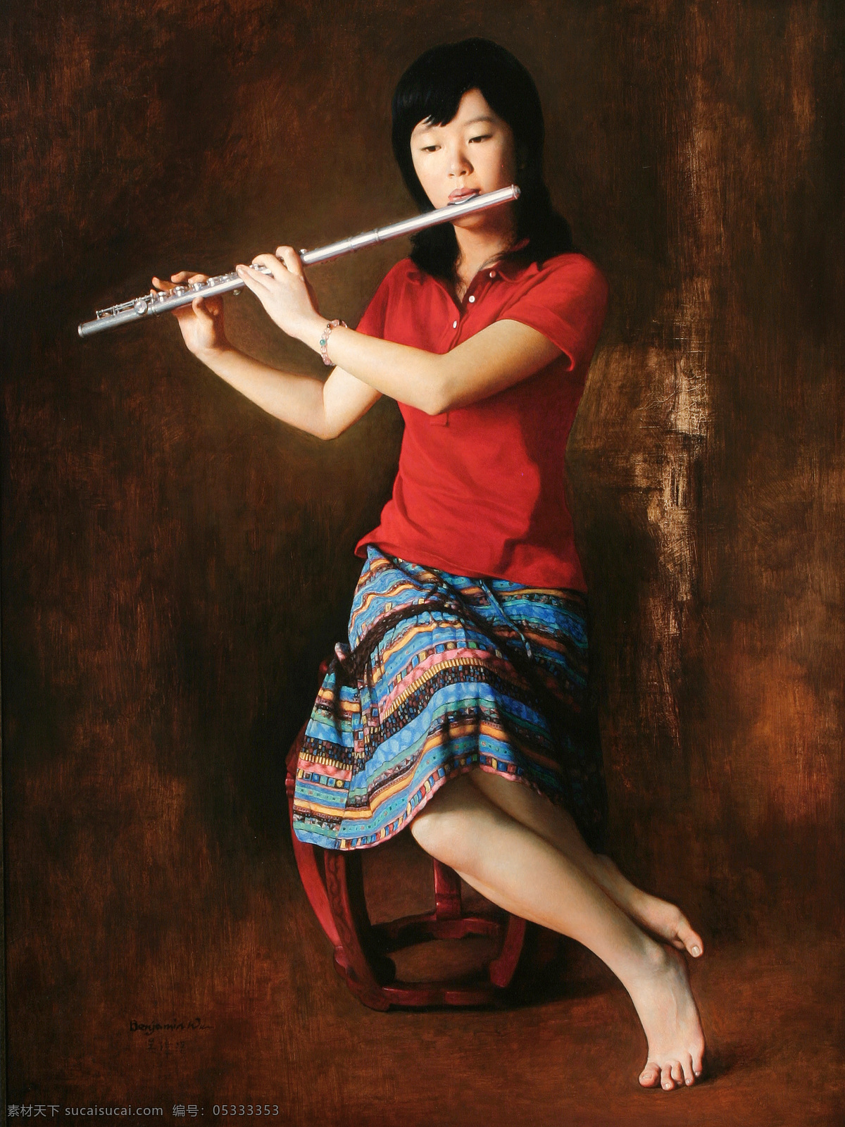 吹 笛子 东方 少女 油画 东方人物 绘画 文化艺术 世界名画 书画文字