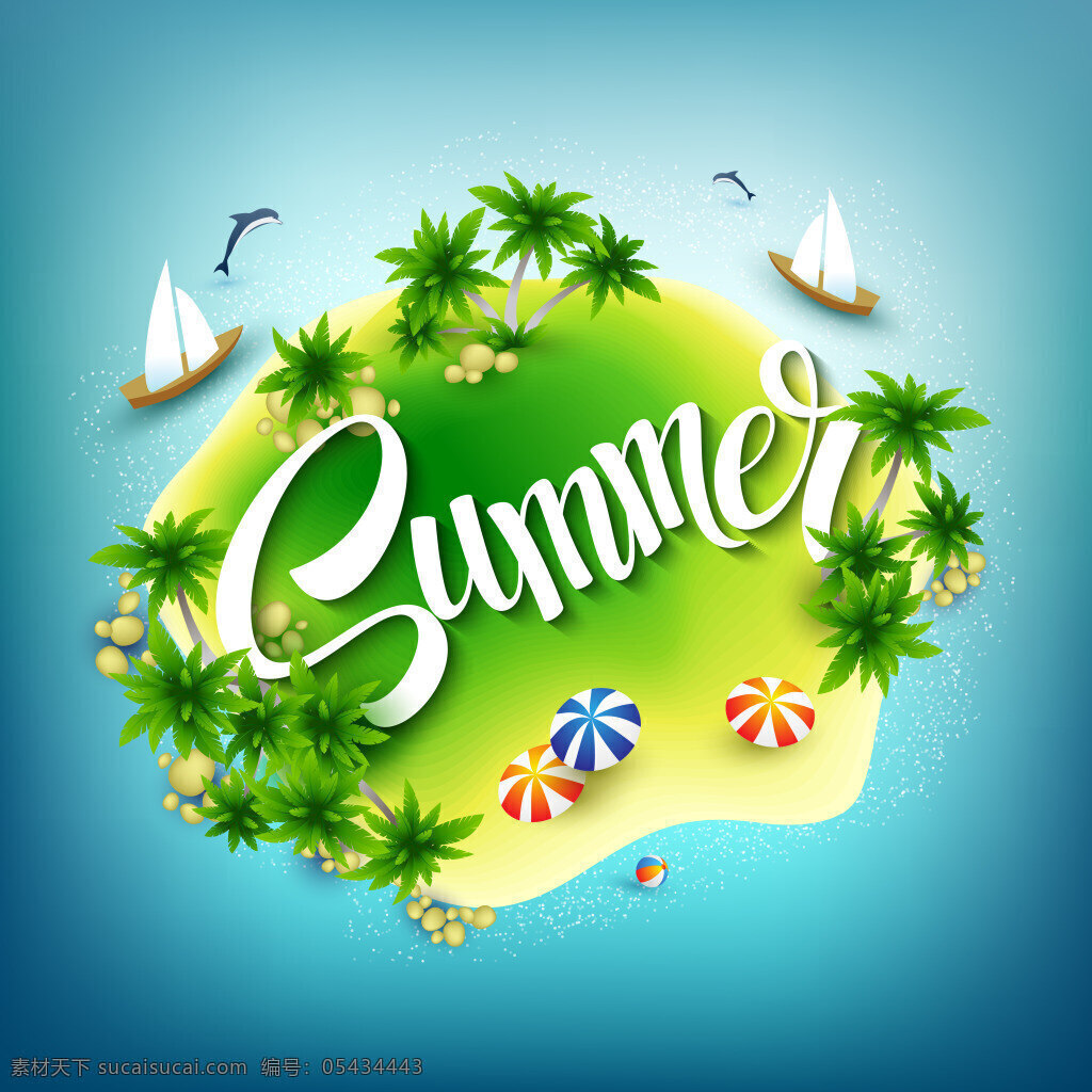 夏季 岛屿 俯视图 矢量 椰子树 大海 帆船 eps格式 遮阳伞