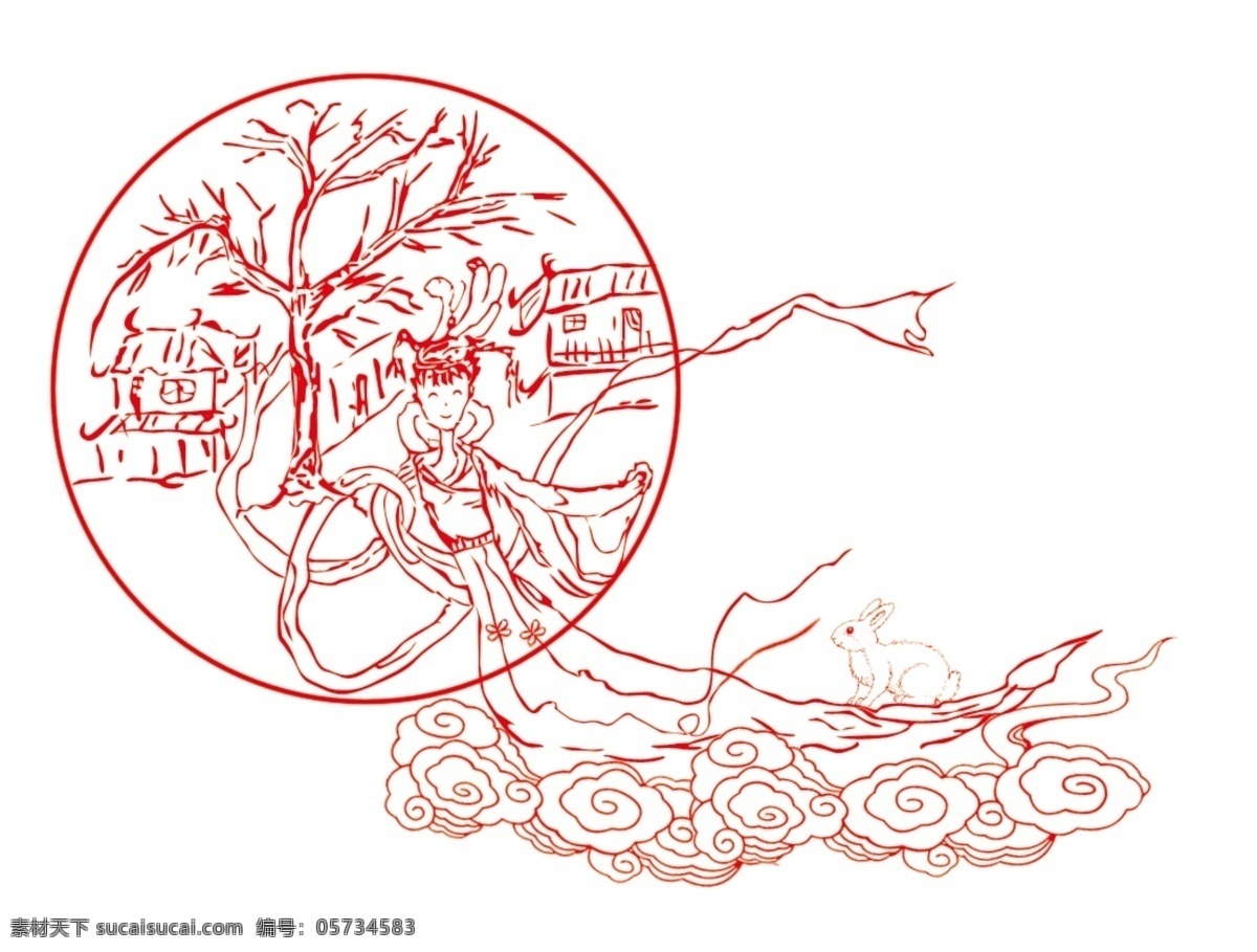 嫦娥奔月 古代美女 神话 十五 线描 玉兔 月亮 中秋 原创设计 其他原创设计